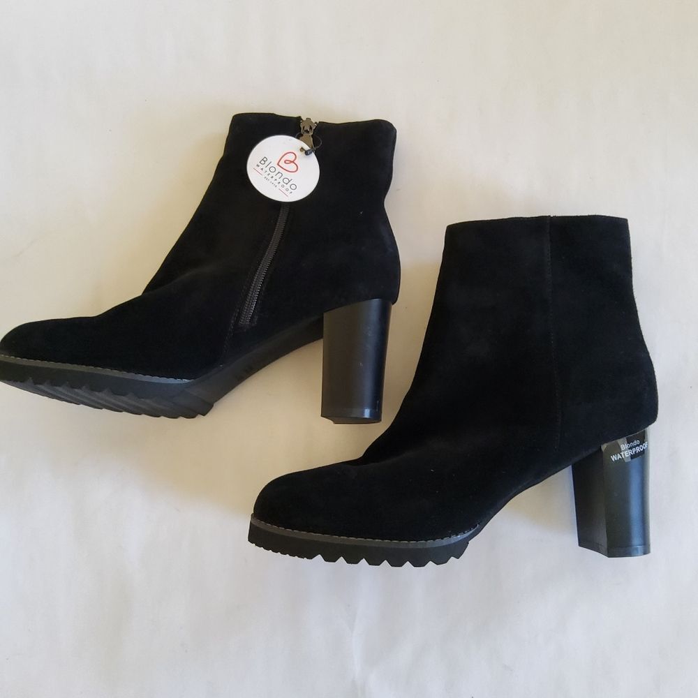 New Blonde Waterproof Suede Leather Black Block Heel Ankle Boots Size 10 - Picture 3 of 14